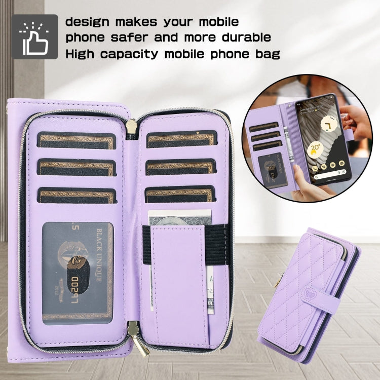 For Google Pixel 7 Pro Rhombic Full Zipper Wallet Leather Phone Case
