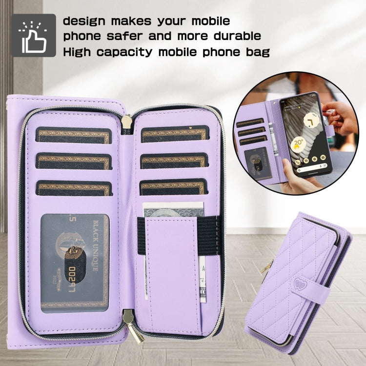 For Google Pixel 7 Rhombic Full Zipper Wallet Leather Phone Case