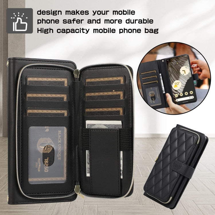For Google Pixel 7 Rhombic Full Zipper Wallet Leather Phone Case