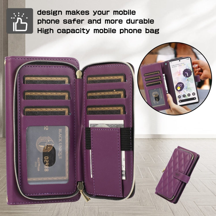 For Google Pixel 6a Rhombic Full Zipper Wallet Leather Phone Case