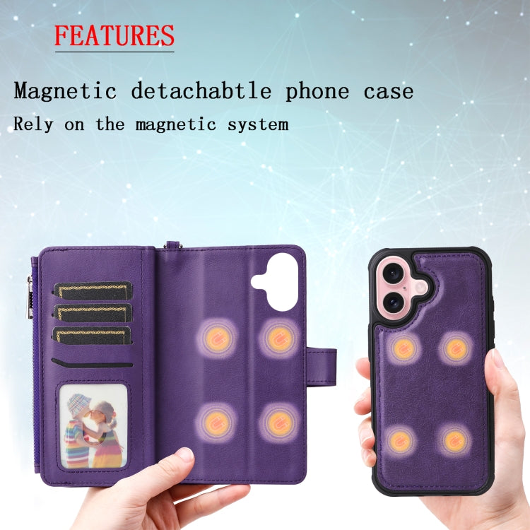 For iPhone 16 Solid Color 2 in 1 Zipper Shockproof Phone Case