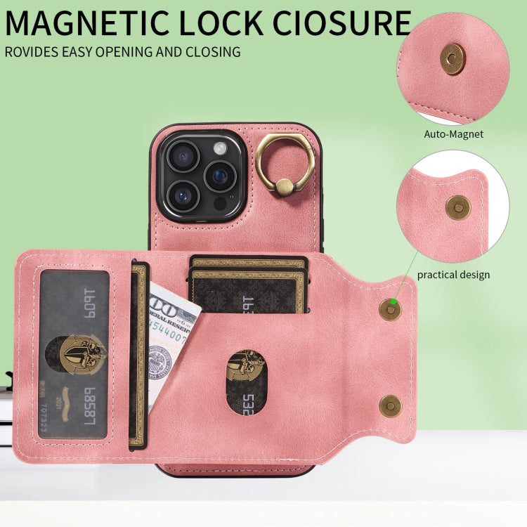 For iPhone 16 Pro Max Skin Feel Card Bag Phone Case with Ring Buckle