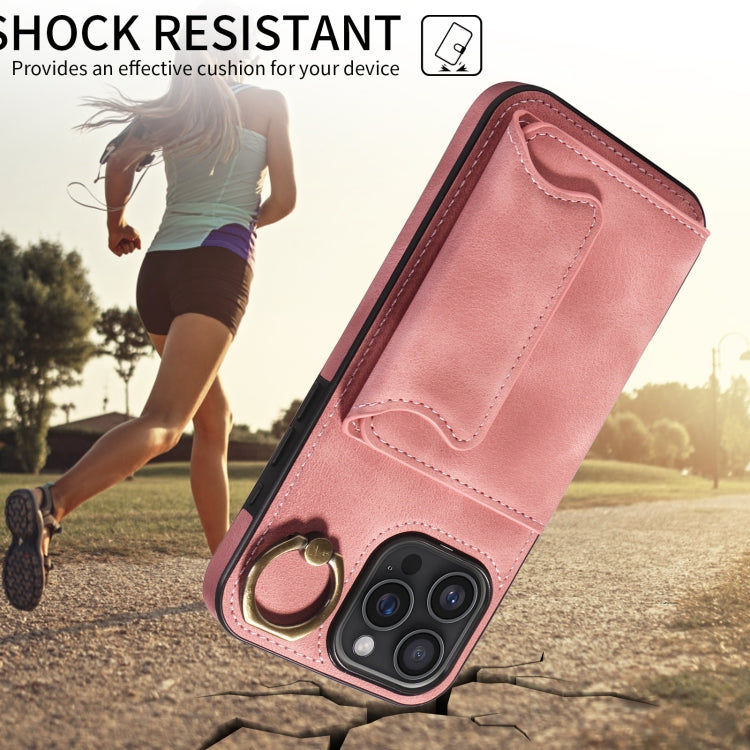 For iPhone 16 Pro Max Skin Feel Card Bag Phone Case with Ring Buckle