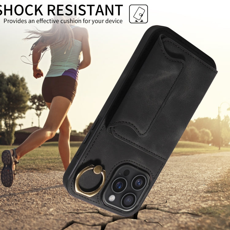 For iPhone 16 Pro Max Skin Feel Card Bag Phone Case with Ring Buckle