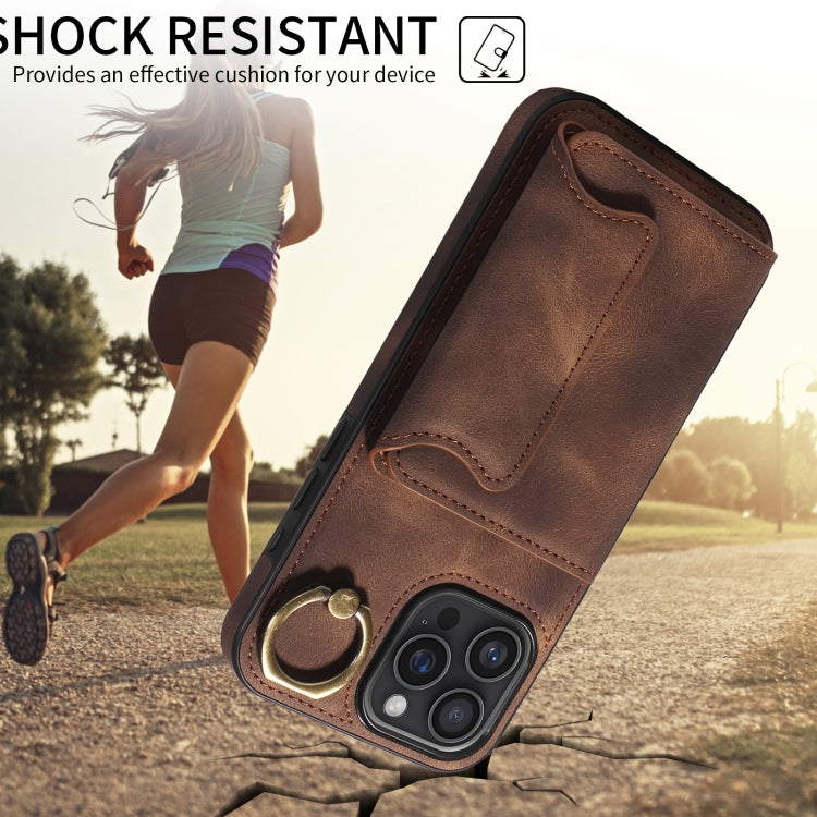 For iPhone 16 Pro Max Skin Feel Card Bag Phone Case with Ring Buckle