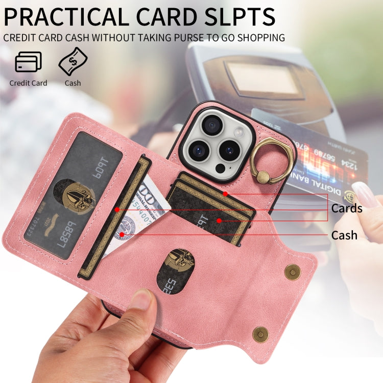For iPhone 16 Pro Skin Feel Card Bag Phone Case with Ring Buckle
