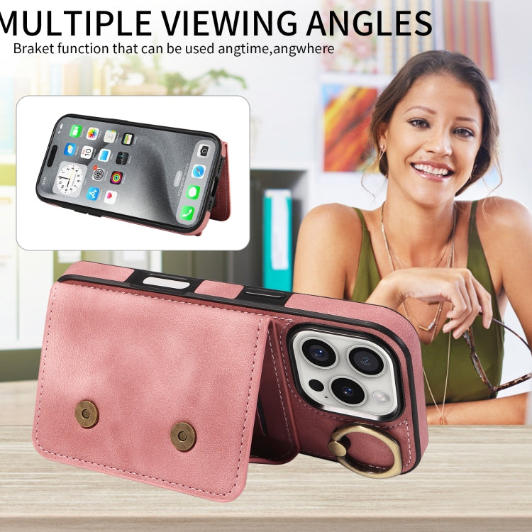 For iPhone 16 Pro Skin Feel Card Bag Phone Case with Ring Buckle