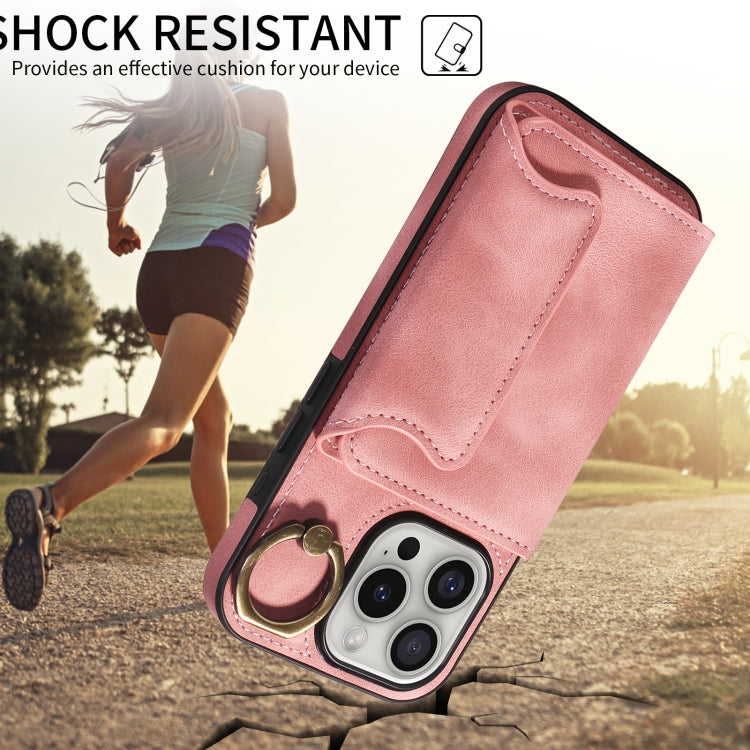 For iPhone 16 Pro Skin Feel Card Bag Phone Case with Ring Buckle