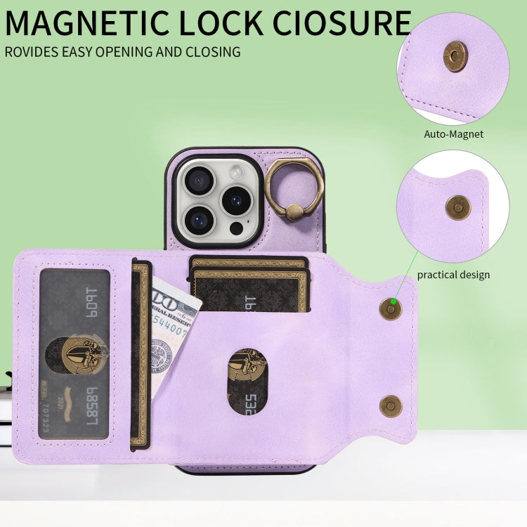 For iPhone 16 Pro Skin Feel Card Bag Phone Case with Ring Buckle