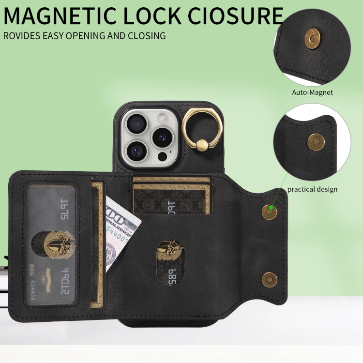 For iPhone 16 Pro Skin Feel Card Bag Phone Case with Ring Buckle