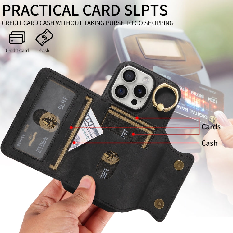 For iPhone 16 Pro Skin Feel Card Bag Phone Case with Ring Buckle
