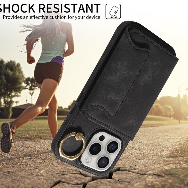 For iPhone 16 Pro Skin Feel Card Bag Phone Case with Ring Buckle