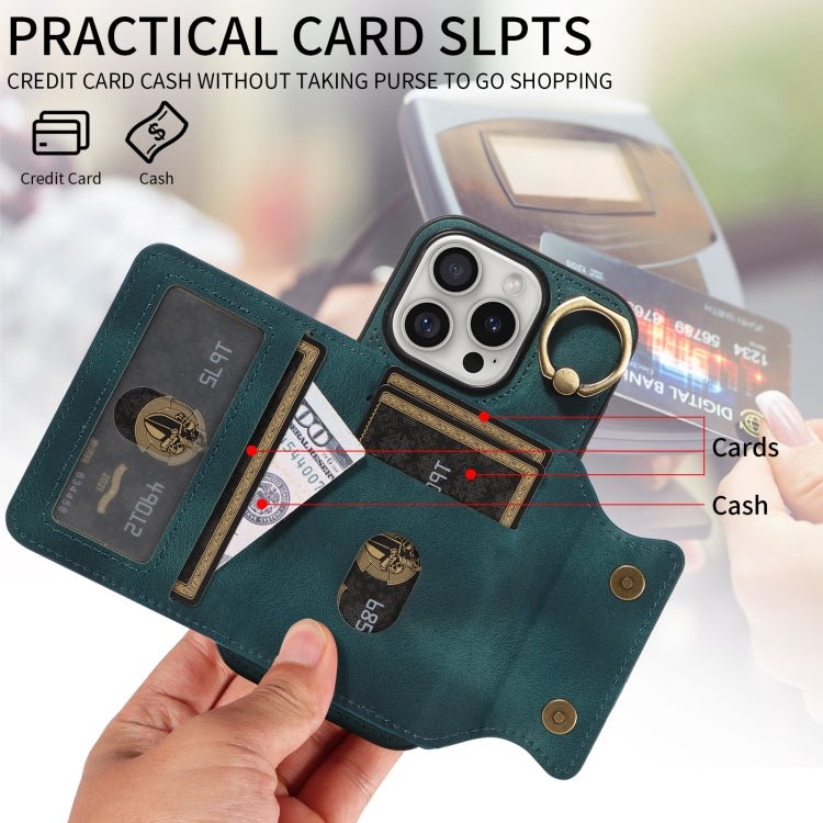 For iPhone 16 Pro Skin Feel Card Bag Phone Case with Ring Buckle