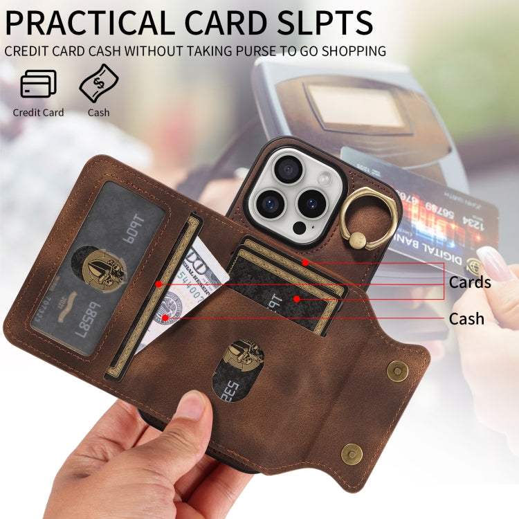 For iPhone 16 Pro Skin Feel Card Bag Phone Case with Ring Buckle
