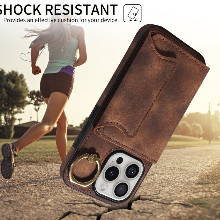 For iPhone 16 Pro Skin Feel Card Bag Phone Case with Ring Buckle