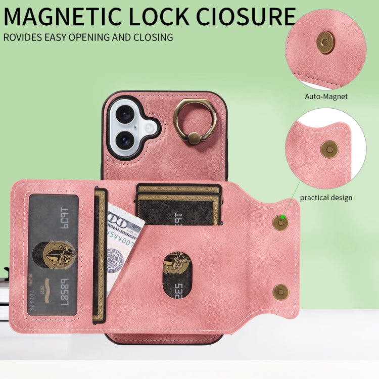 For iPhone 16 Plus Skin Feel Card Bag Phone Case with Ring Buckle