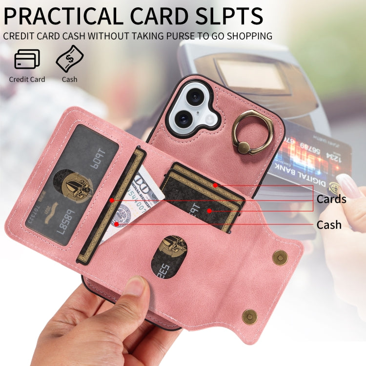 For iPhone 16 Plus Skin Feel Card Bag Phone Case with Ring Buckle