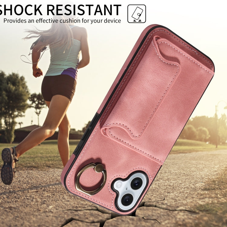 For iPhone 16 Plus Skin Feel Card Bag Phone Case with Ring Buckle