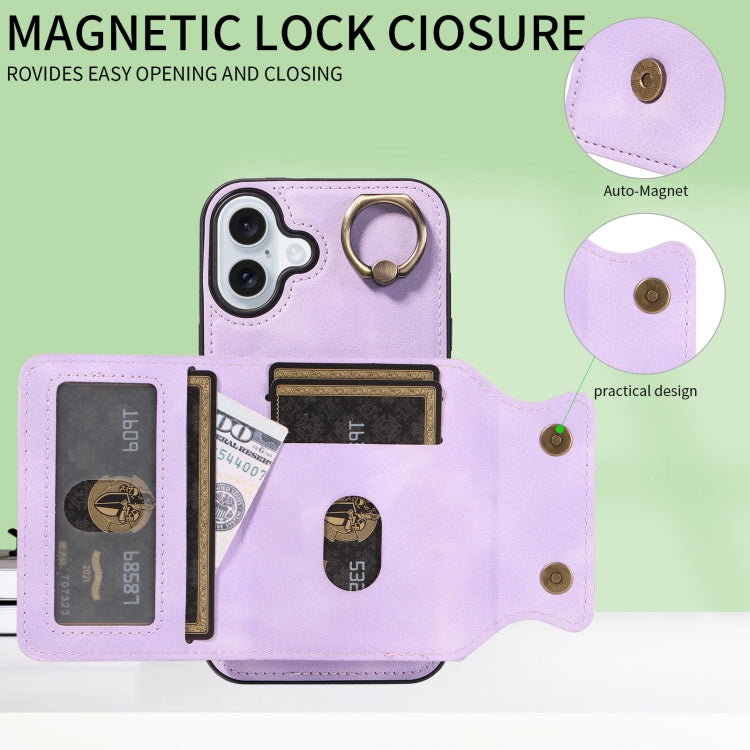 For iPhone 16 Plus Skin Feel Card Bag Phone Case with Ring Buckle