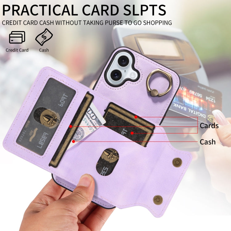 For iPhone 16 Plus Skin Feel Card Bag Phone Case with Ring Buckle