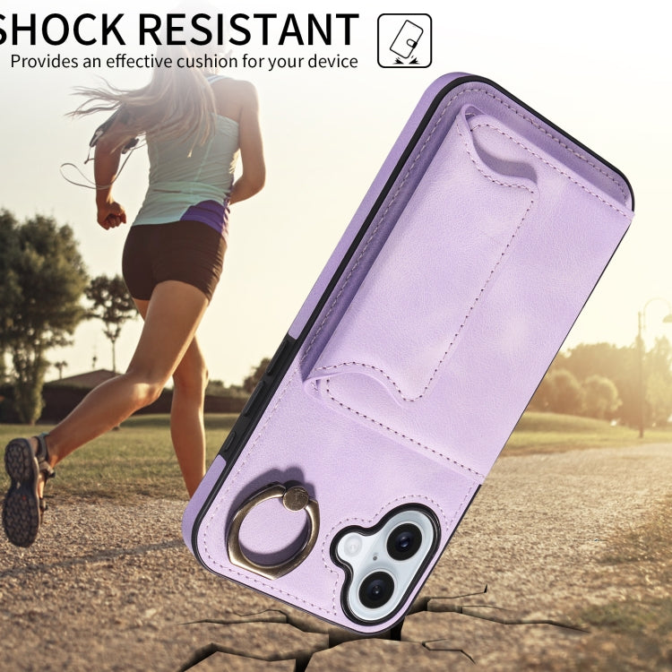 For iPhone 16 Plus Skin Feel Card Bag Phone Case with Ring Buckle