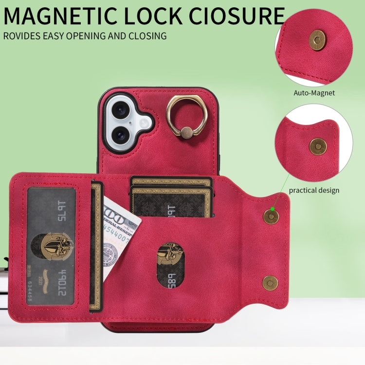 For iPhone 16 Plus Skin Feel Card Bag Phone Case with Ring Buckle