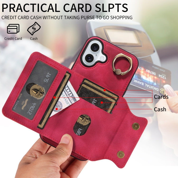 For iPhone 16 Plus Skin Feel Card Bag Phone Case with Ring Buckle