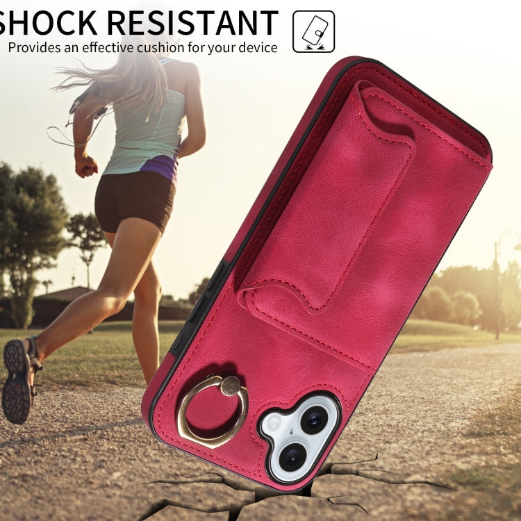 For iPhone 16 Plus Skin Feel Card Bag Phone Case with Ring Buckle