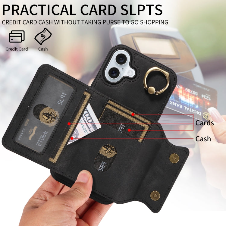 For iPhone 16 Plus Skin Feel Card Bag Phone Case with Ring Buckle