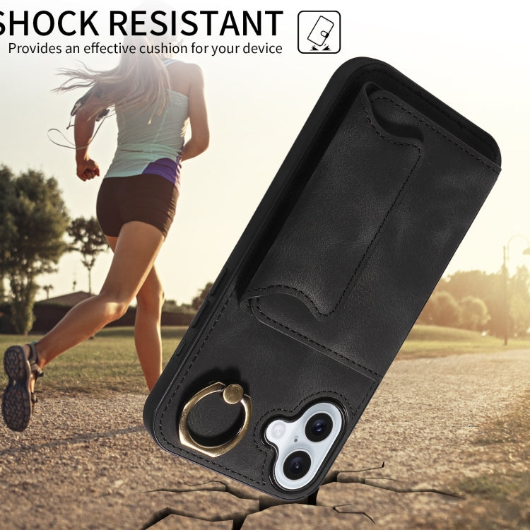 For iPhone 16 Plus Skin Feel Card Bag Phone Case with Ring Buckle