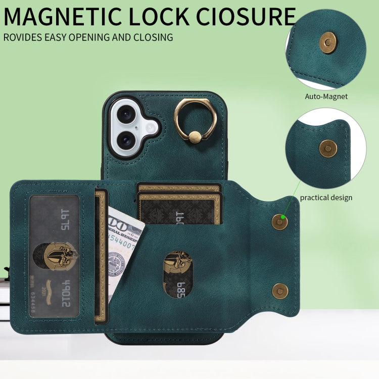 For iPhone 16 Plus Skin Feel Card Bag Phone Case with Ring Buckle