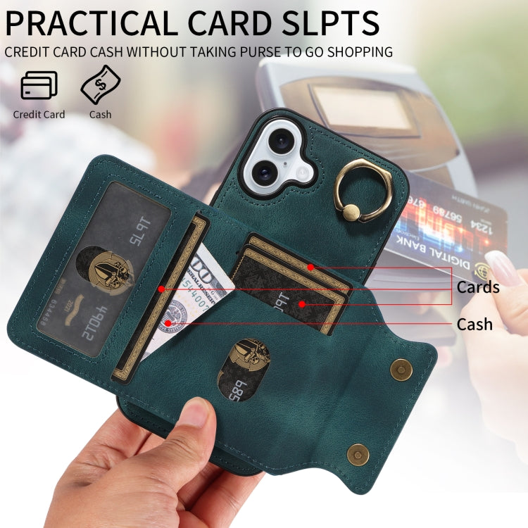 For iPhone 16 Plus Skin Feel Card Bag Phone Case with Ring Buckle