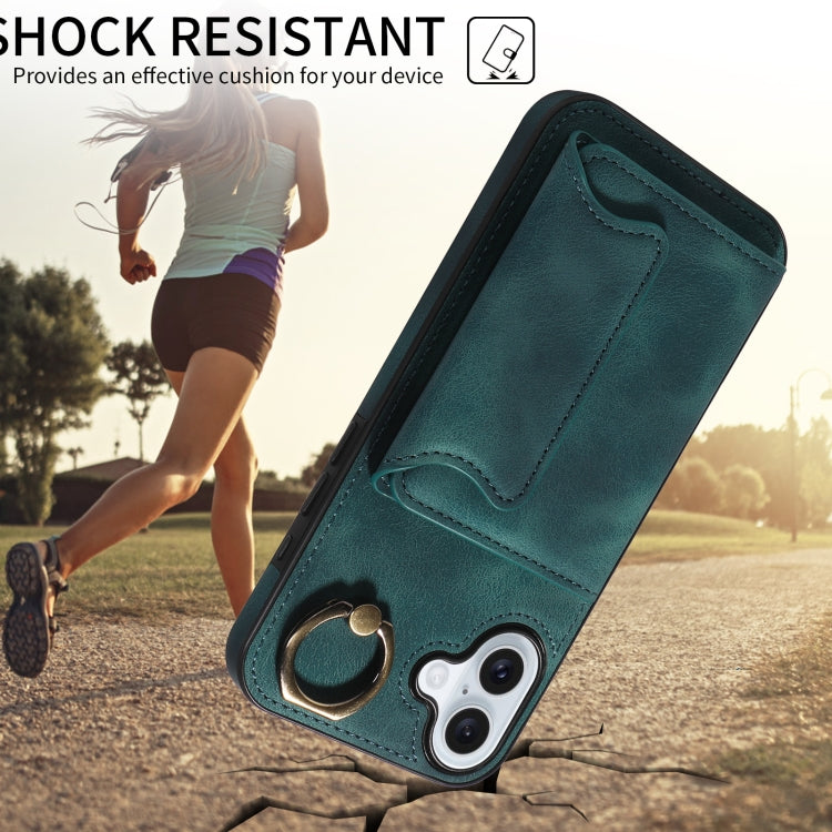 For iPhone 16 Plus Skin Feel Card Bag Phone Case with Ring Buckle