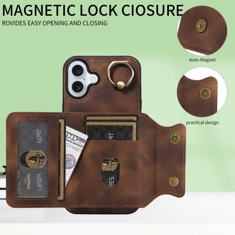 For iPhone 16 Plus Skin Feel Card Bag Phone Case with Ring Buckle