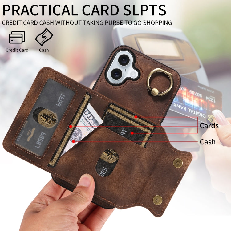 For iPhone 16 Plus Skin Feel Card Bag Phone Case with Ring Buckle