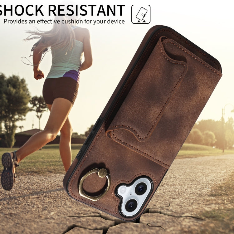 For iPhone 16 Plus Skin Feel Card Bag Phone Case with Ring Buckle