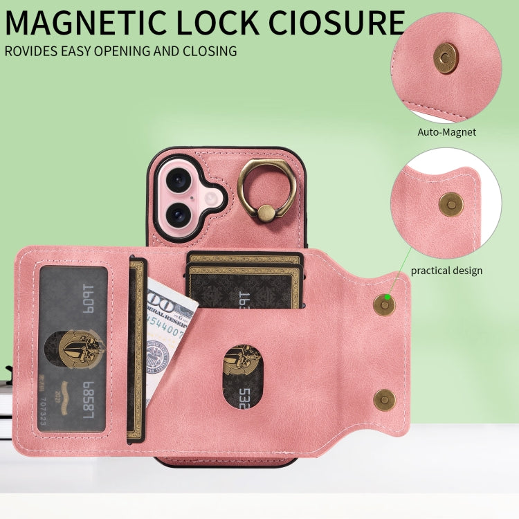 For iPhone 16 Skin Feel Card Bag Phone Case with Ring Buckle