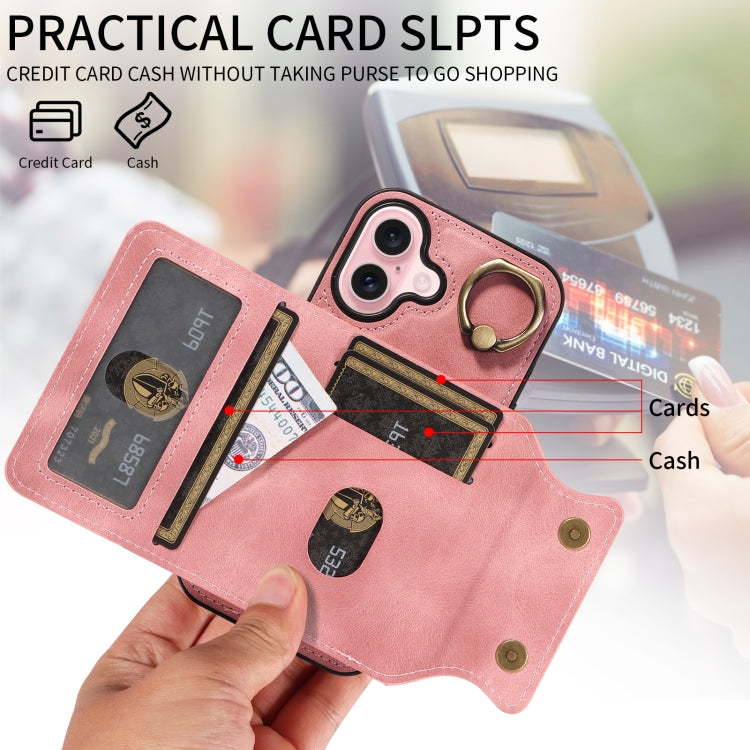 For iPhone 16 Skin Feel Card Bag Phone Case with Ring Buckle
