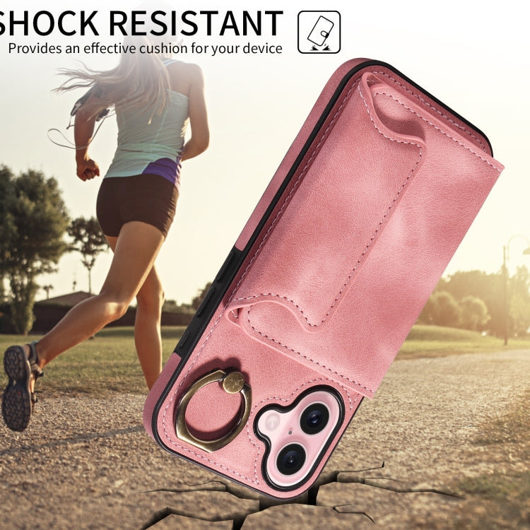 For iPhone 16 Skin Feel Card Bag Phone Case with Ring Buckle