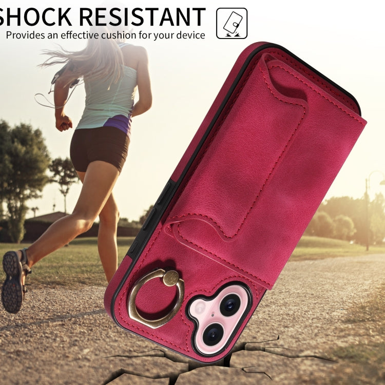 For iPhone 16 Skin Feel Card Bag Phone Case with Ring Buckle