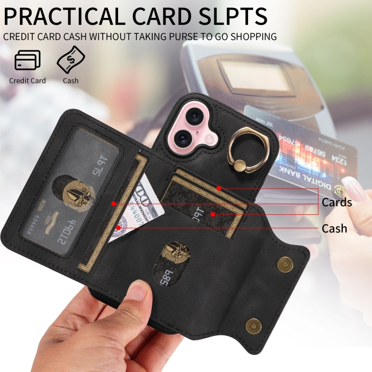For iPhone 16 Skin Feel Card Bag Phone Case with Ring Buckle
