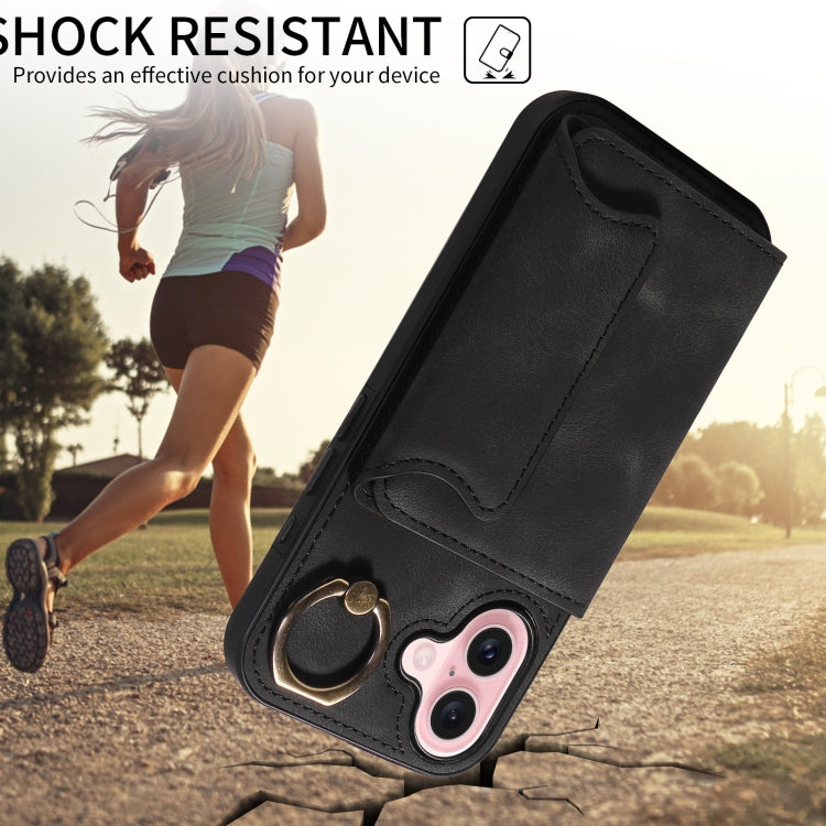 For iPhone 16 Skin Feel Card Bag Phone Case with Ring Buckle
