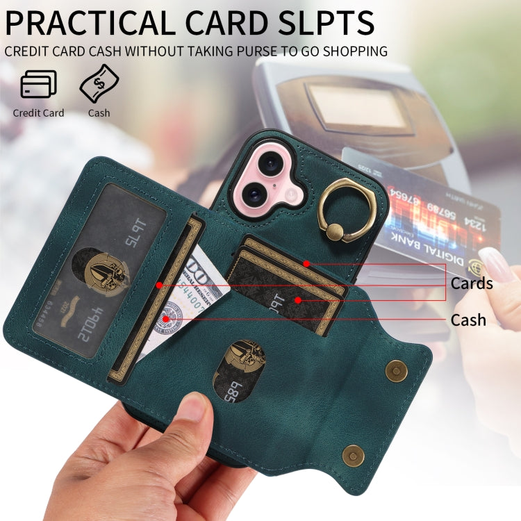 For iPhone 16 Skin Feel Card Bag Phone Case with Ring Buckle