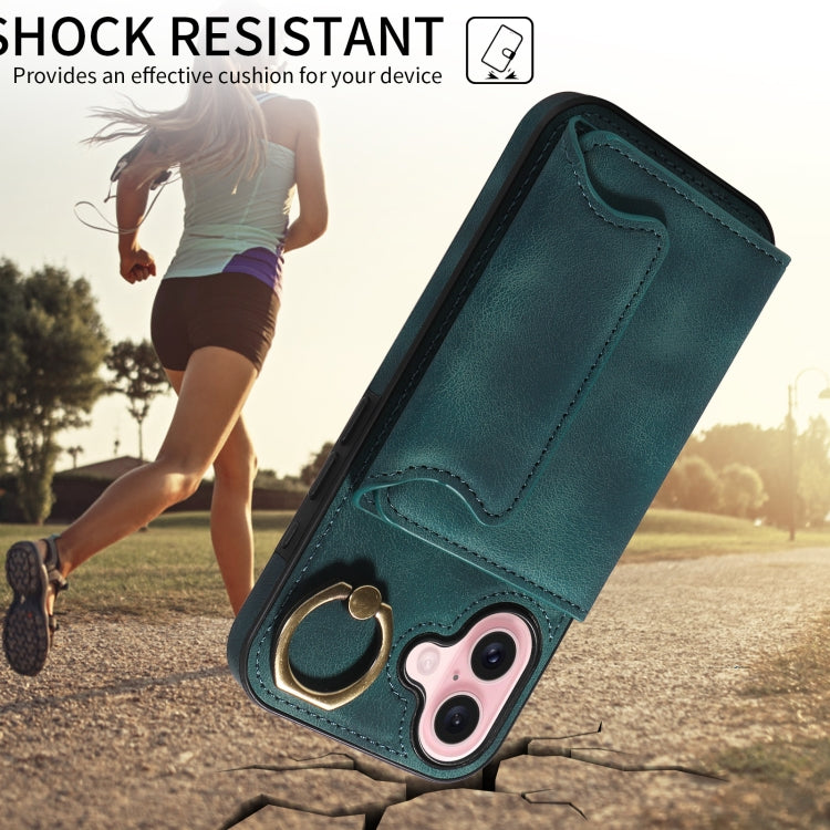 For iPhone 16 Skin Feel Card Bag Phone Case with Ring Buckle