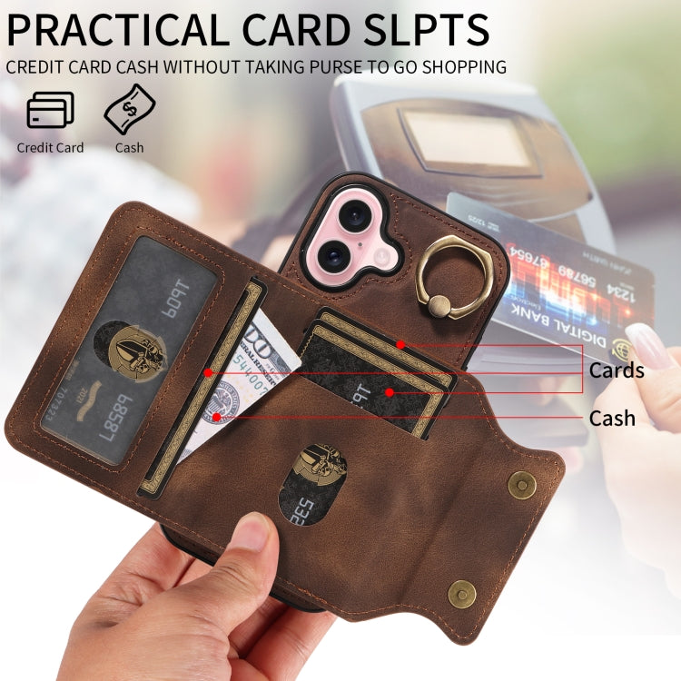For iPhone 16 Skin Feel Card Bag Phone Case with Ring Buckle