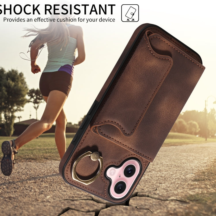 For iPhone 16 Skin Feel Card Bag Phone Case with Ring Buckle