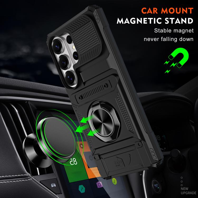 For Samsung Galaxy S26 Ultra 5G TPU Hybrid PC Shockproof Card Phone Case with Metal Ring Holder