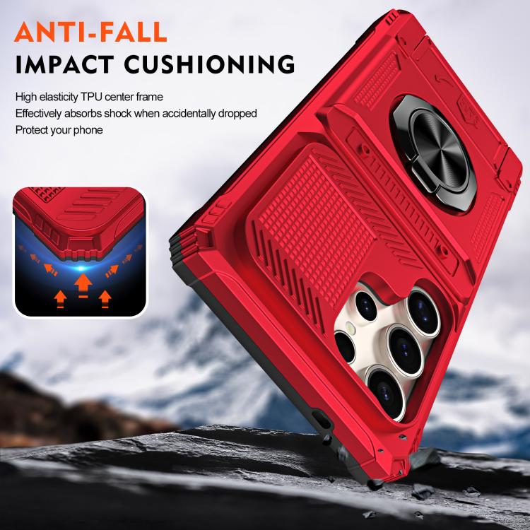 For Samsung Galaxy S25 Ultra 5G TPU Hybrid PC Shockproof Card Phone Case with Metal Ring Holder