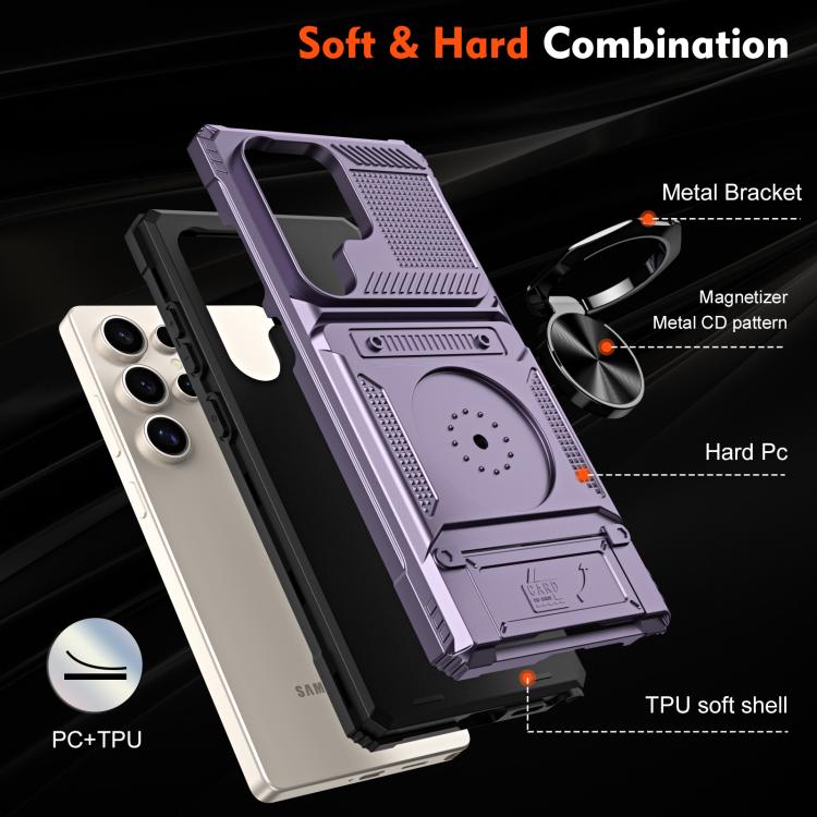 For Samsung Galaxy S25 Ultra 5G TPU Hybrid PC Shockproof Card Phone Case with Metal Ring Holder