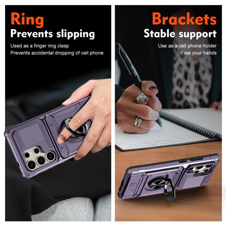 For Samsung Galaxy S25 Ultra 5G TPU Hybrid PC Shockproof Card Phone Case with Metal Ring Holder